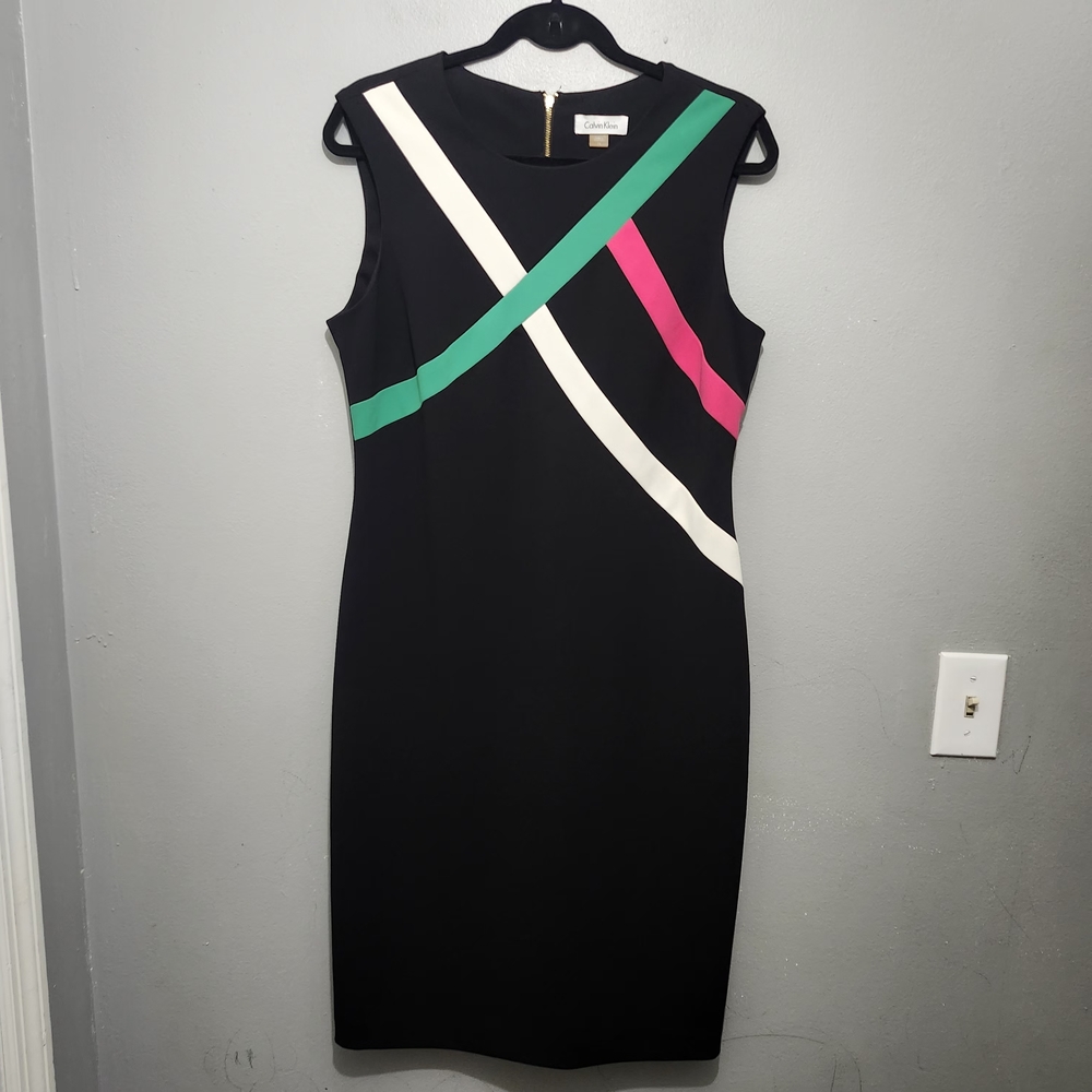 Calvin Klein Black Sheath Dress with Green, Pink & White Stripes Size 12